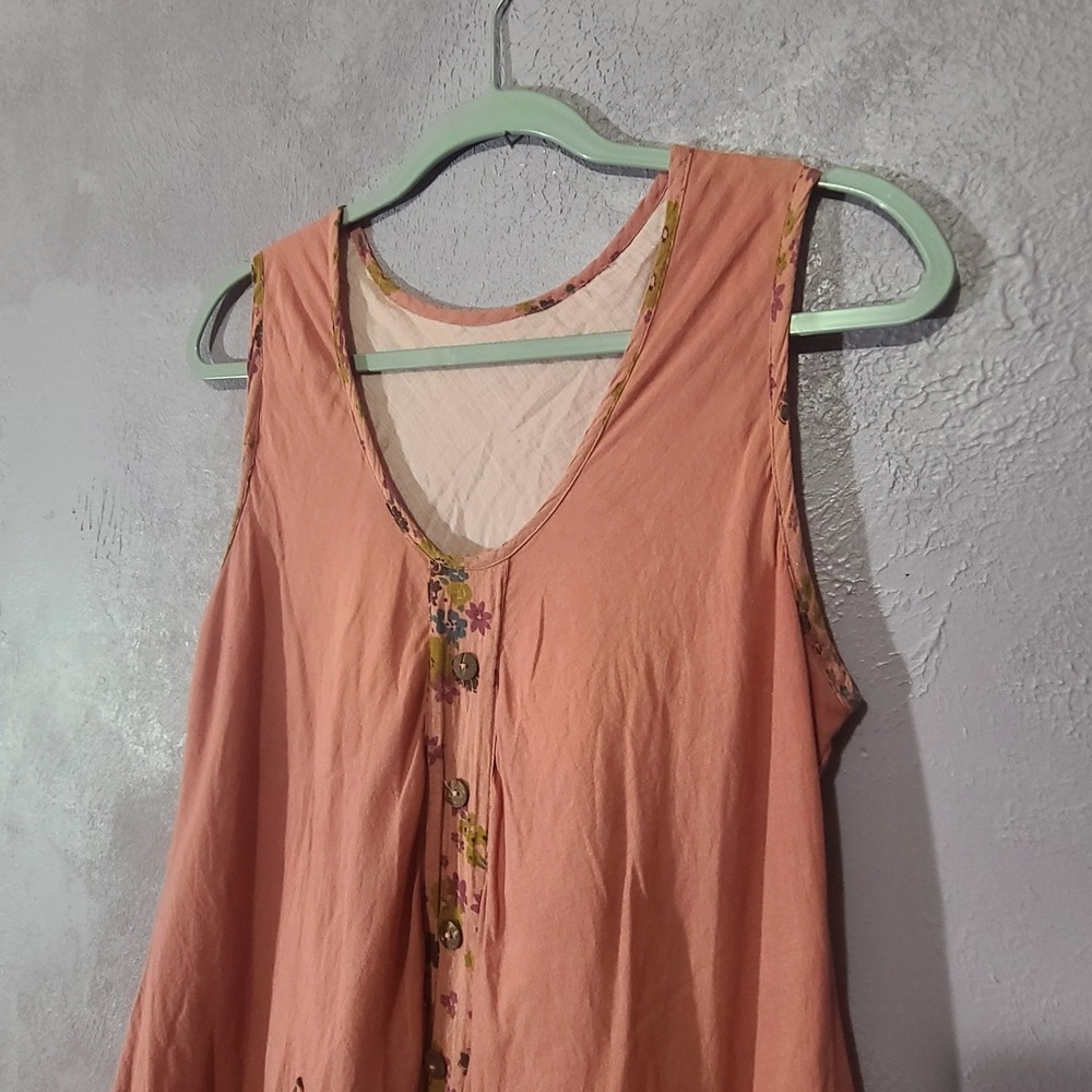 Fairycore Midi Dress Women Coral Pink Floral Trim Layered Boho Pockets Large - Picture 5 of 12